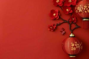Chinese new year background with traditional lanterns, sakura flowers and copy space. Lunar new year concept by AI Generated photo