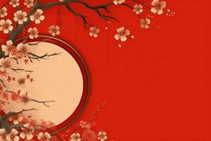 Chinese new year background with traditional lanterns, sakura flowers and copy space. Lunar new year concept by AI Generated photo