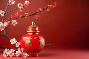 Chinese new year background with traditional lanterns, sakura flowers and copy space. Lunar new year concept by AI Generated photo