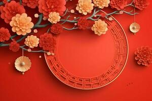 Chinese new year background with traditional lanterns, sakura flowers and copy space. Lunar new year concept by AI Generated photo