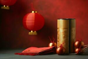 Chinese new year background with traditional lanterns, sakura flowers and copy space. Lunar new year concept by AI Generated photo