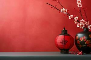 Chinese new year background with traditional lanterns, sakura flowers and copy space. Lunar new year concept by AI Generated photo