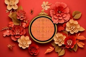 Chinese new year background with traditional lanterns, sakura flowers and copy space. Lunar new year concept by AI Generated photo