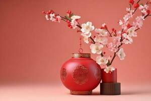 Chinese new year background with traditional lanterns, sakura flowers and copy space. Lunar new year concept by AI Generated photo