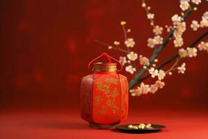 Chinese new year background with traditional lanterns, sakura flowers and copy space. Lunar new year concept by AI Generated photo