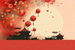 Chinese new year background with traditional lanterns, sakura flowers and copy space. Lunar new year concept by AI Generated photo