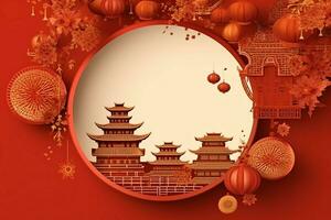 Chinese new year background with traditional lanterns, sakura flowers and copy space. Lunar new year concept by AI Generated photo