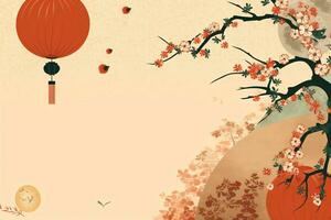 Chinese new year background with traditional lanterns, sakura flowers and copy space. Lunar new year concept by AI Generated photo