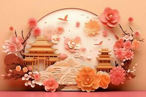 Chinese new year background with traditional lanterns, sakura flowers and copy space. Lunar new year concept by AI Generated photo