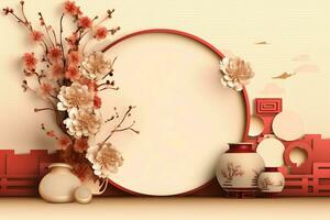 Chinese new year background with traditional lanterns, sakura flowers and copy space. Lunar new year concept by AI Generated photo