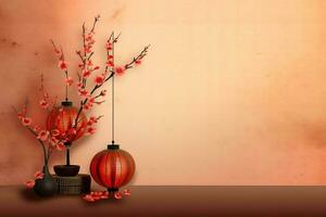 Chinese new year background with traditional lanterns, sakura flowers and copy space. Lunar new year concept by AI Generated photo