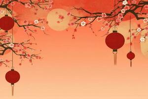 Chinese new year background with traditional lanterns, sakura flowers and copy space. Lunar new year concept by AI Generated photo