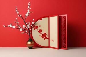 Chinese new year background with traditional lanterns, sakura flowers and copy space. Lunar new year concept by AI Generated photo