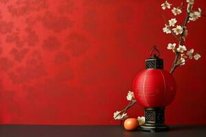 Chinese new year background with traditional lanterns, sakura flowers and copy space. Lunar new year concept by AI Generated photo