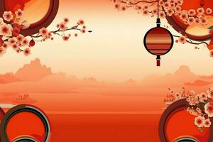 Chinese new year background with traditional lanterns, sakura flowers and copy space. Lunar new year concept by AI Generated photo