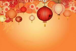 Chinese new year background with traditional lanterns, sakura flowers and copy space. Lunar new year concept by AI Generated photo