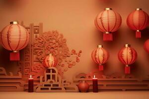 Chinese new year background with traditional lanterns, sakura flowers and copy space. Lunar new year concept by AI Generated photo
