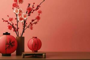 Chinese new year background with traditional lanterns, sakura flowers and copy space. Lunar new year concept by AI Generated photo