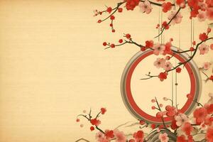 Chinese new year background with traditional lanterns, sakura flowers and copy space. Lunar new year concept by AI Generated photo