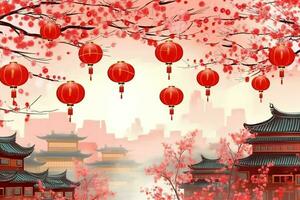 Chinese new year background with traditional lanterns, sakura flowers and copy space. Lunar new year concept by AI Generated photo