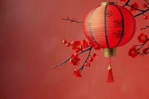 Chinese new year background with traditional lanterns, sakura flowers and copy space. Lunar new year concept by AI Generated photo