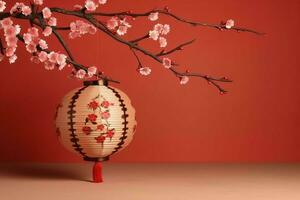 Chinese new year background with traditional lanterns, sakura flowers and copy space. Lunar new year concept by AI Generated photo