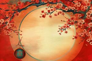 Chinese new year background with traditional lanterns, sakura flowers and copy space. Lunar new year concept by AI Generated photo