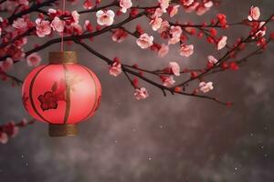 Chinese new year background with traditional lanterns, sakura flowers and copy space. Lunar new year concept by AI Generated photo