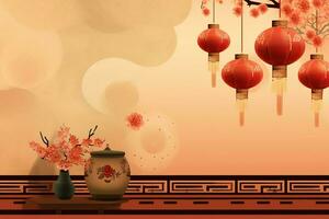 Chinese new year background with traditional lanterns, sakura flowers and copy space. Lunar new year concept by AI Generated photo