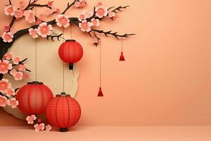 Chinese new year background with traditional lanterns, sakura flowers and copy space. Lunar new year concept by AI Generated photo