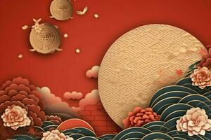 Chinese new year background with traditional lanterns, sakura flowers and copy space. Lunar new year concept by AI Generated photo