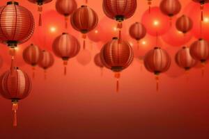 Chinese new year background with traditional lanterns, sakura flowers and copy space. Lunar new year concept by AI Generated photo