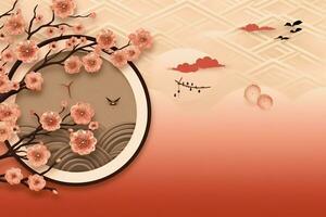 Chinese new year background with traditional lanterns, sakura flowers and copy space. Lunar new year concept by AI Generated photo