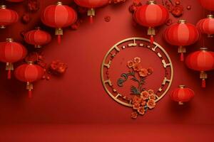 Chinese new year background with traditional lanterns, sakura flowers and copy space. Lunar new year concept by AI Generated photo