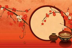 Chinese new year background with traditional lanterns, sakura flowers and copy space. Lunar new year concept by AI Generated photo