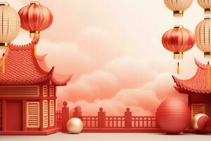 Chinese new year background with traditional lanterns, sakura flowers and copy space. Lunar new year concept by AI Generated photo