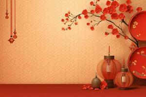 Chinese new year background with traditional lanterns, sakura flowers and copy space. Lunar new year concept by AI Generated photo