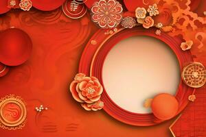 Chinese new year background with traditional lanterns, sakura flowers and copy space. Lunar new year concept by AI Generated photo