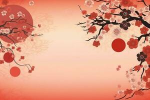 Chinese new year background with traditional lanterns, sakura flowers and copy space. Lunar new year concept by AI Generated photo