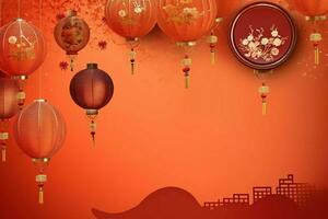 Chinese new year background with traditional lanterns, sakura flowers and copy space. Lunar new year concept by AI Generated photo