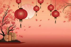 Chinese new year background with traditional lanterns, sakura flowers and copy space. Lunar new year concept by AI Generated photo