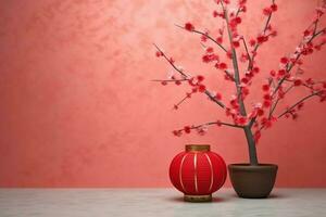 Chinese new year background with traditional lanterns, sakura flowers and copy space. Lunar new year concept by AI Generated photo