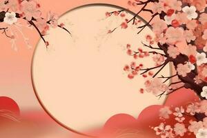 Chinese new year background with traditional lanterns, sakura flowers and copy space. Lunar new year concept by AI Generated photo