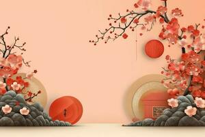 Chinese new year background with traditional lanterns, sakura flowers and copy space. Lunar new year concept by AI Generated photo