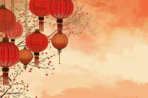 Chinese new year background with traditional lanterns, sakura flowers and copy space. Lunar new year concept by AI Generated photo