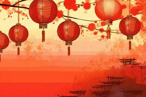 Chinese new year background with traditional lanterns, sakura flowers and copy space. Lunar new year concept by AI Generated photo