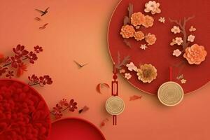 Chinese new year background with traditional lanterns, sakura flowers and copy space. Lunar new year concept by AI Generated photo