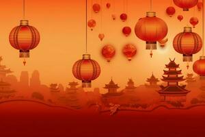 Chinese new year background with traditional lanterns, sakura flowers and copy space. Lunar new year concept by AI Generated photo