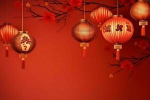 Chinese new year background with traditional lanterns, sakura flowers and copy space. Lunar new year concept by AI Generated photo