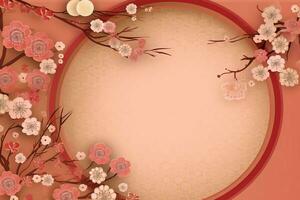 Chinese new year background with traditional lanterns, sakura flowers and copy space. Lunar new year concept by AI Generated photo